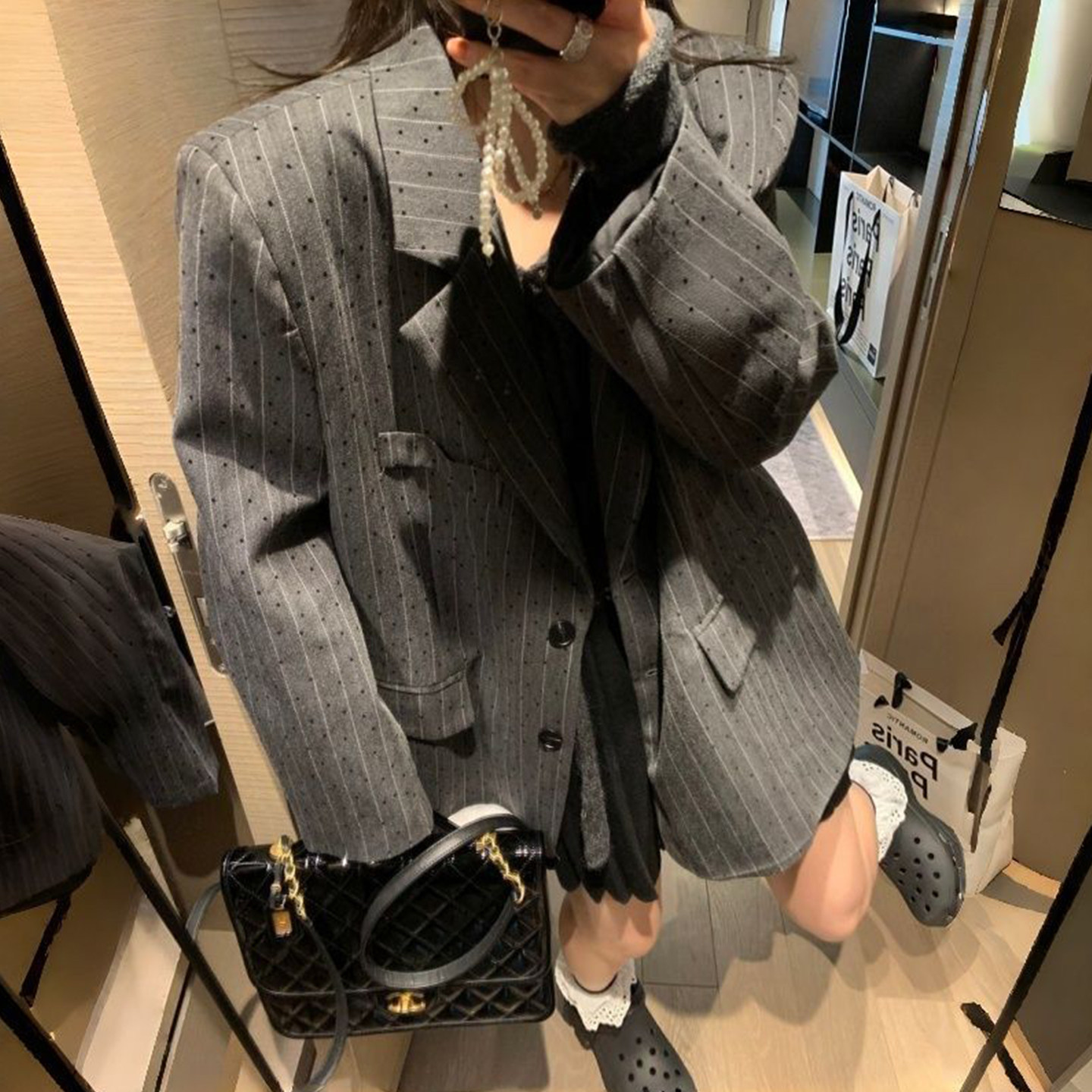 Bonheur 韩系复古条纹西服女宽松通勤春秋新款chic气质灰西装外套