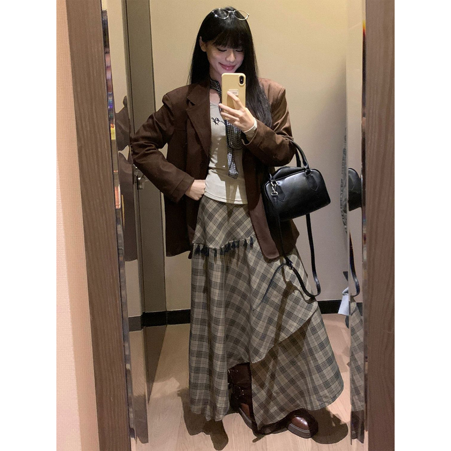 Bonheur韩系复古美拉德套装女三件穿搭麂皮绒西装外套格纹半身裙