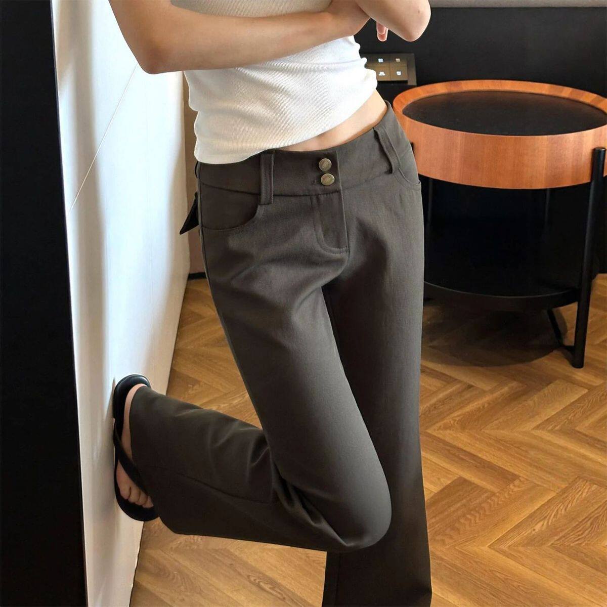 Bonheur韩系复古休闲裤女微喇西装裤低腰显瘦垂感修身通勤马蹄裤