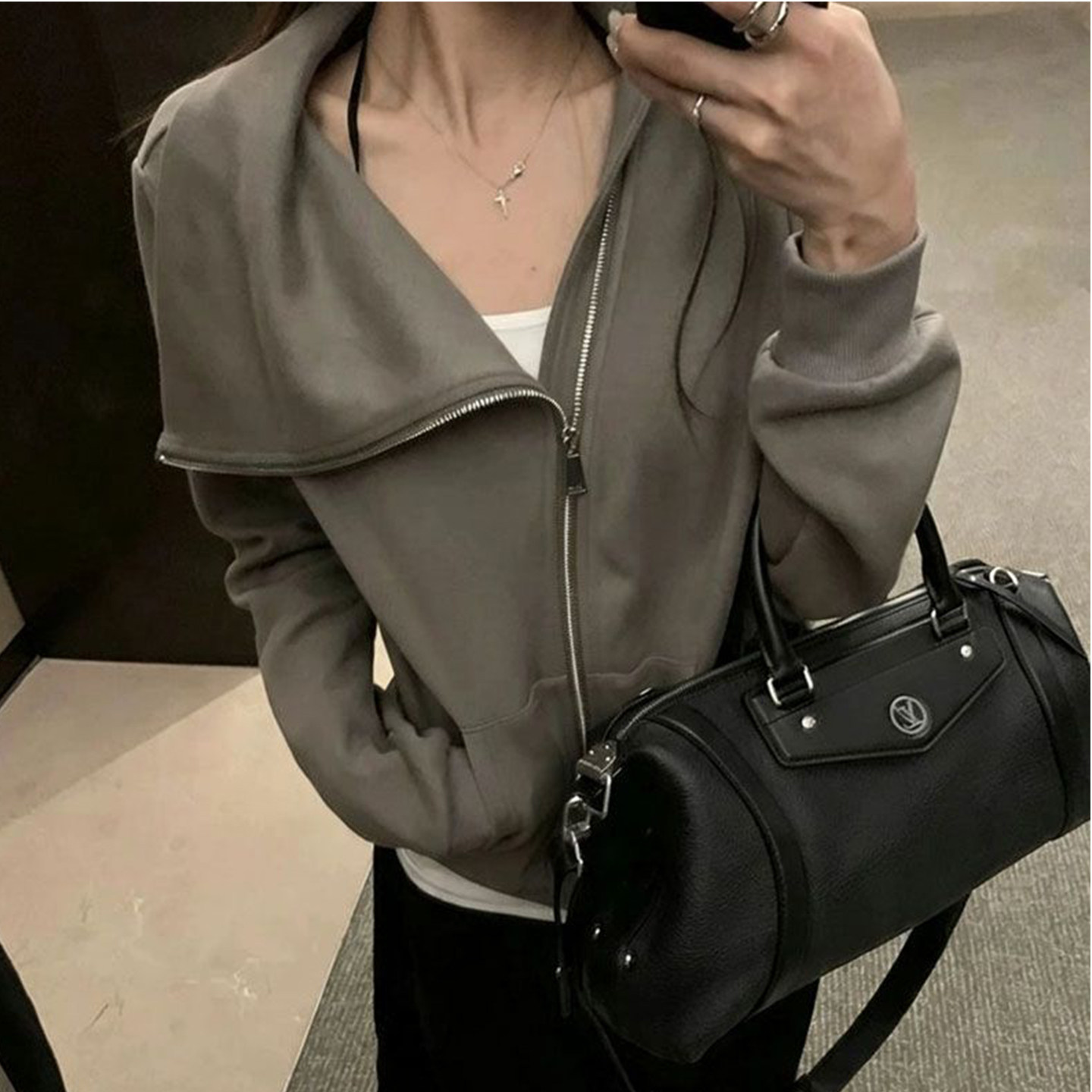Bonheur 韩系复古卫衣外套女重磅慵懒不规则斜拉链正肩翻领外套