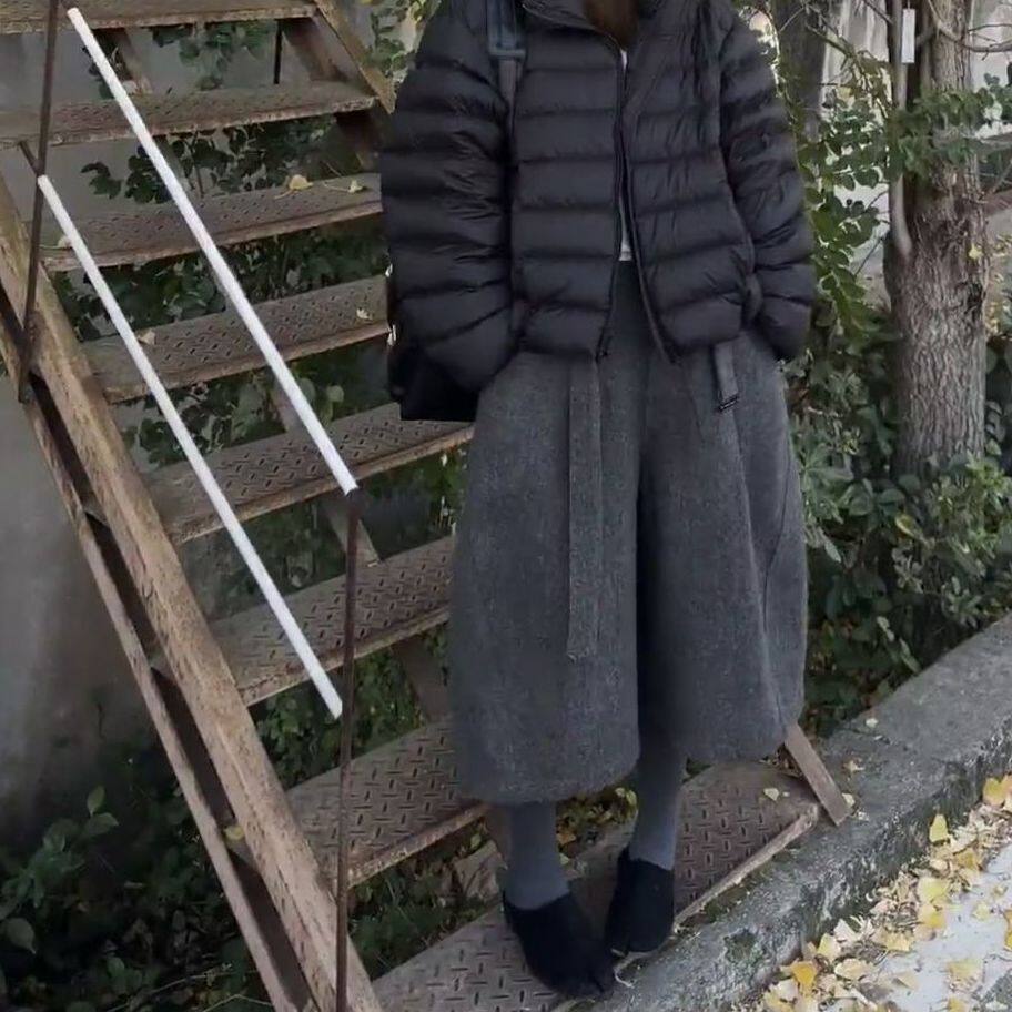 韩系复古毛呢裤女西装花苞裤
