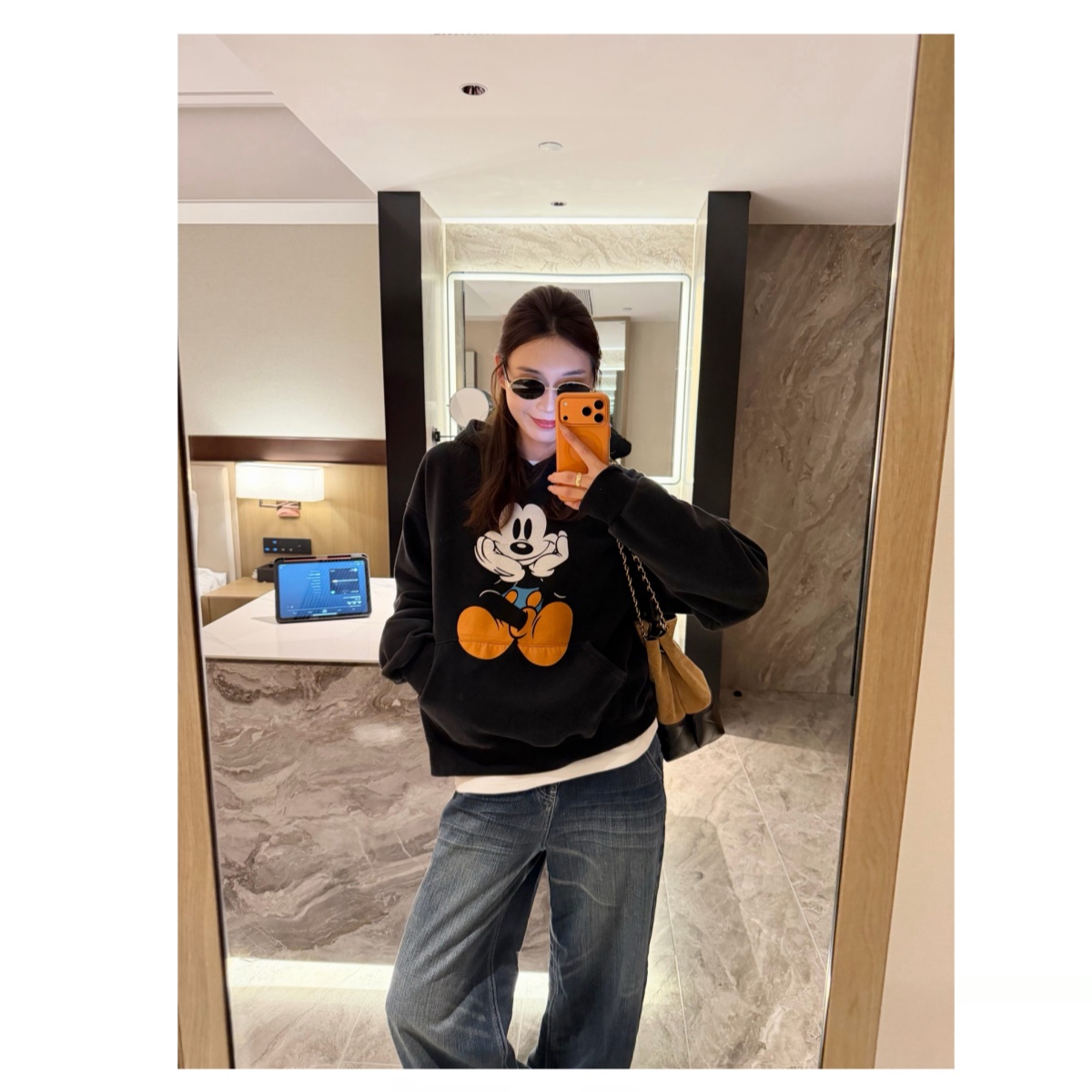 [大福Dafu]-复古俏皮！美式复古卡通印花水洗连帽加绒卫衣帽衫