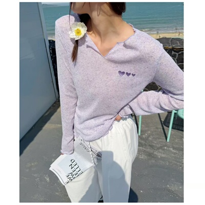 [大福Dafu]-云栖清浅 韩系木耳边V领长袖T恤女爱心刺绣防太阳罩衫