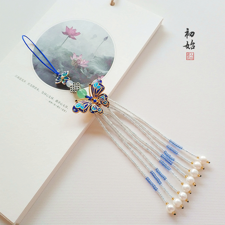 中国风复古天然玉髓流苏手工串珠珐琅蝴蝶旗袍汉服压襟扣挂件配饰