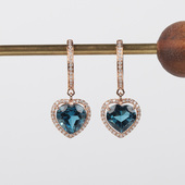天然托帕石心形耳钉女18K金镶嵌定制附证书礼物时尚 伦敦蓝 百搭款