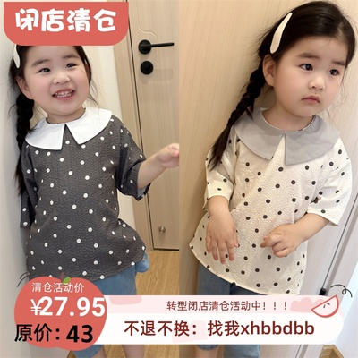 女童夏翻领波点短袖T恤小上衣