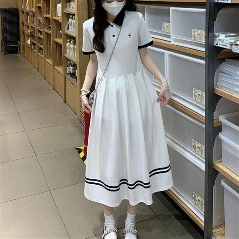 女大童POLO领连衣裙夏装12-15岁初中学生13少女运动白色过膝长裙
