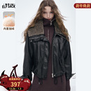 妖精 甜酷皮夹克 口袋毛绒绒大翻领黑色皮衣外套女2025年秋冬新款