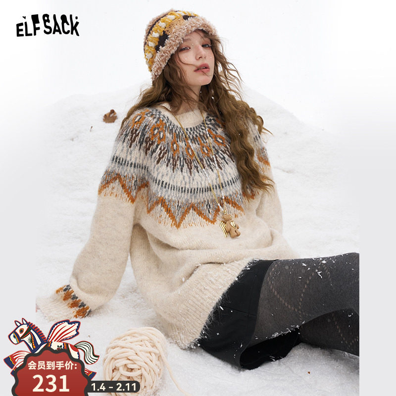 妖精的口袋费尔岛提花慵懒风毛衣女2025年冬季新款甜美新年穿搭