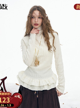 妖精的口袋双层荷叶边白色高领打底衫女2025年冬新款内搭长袖t恤