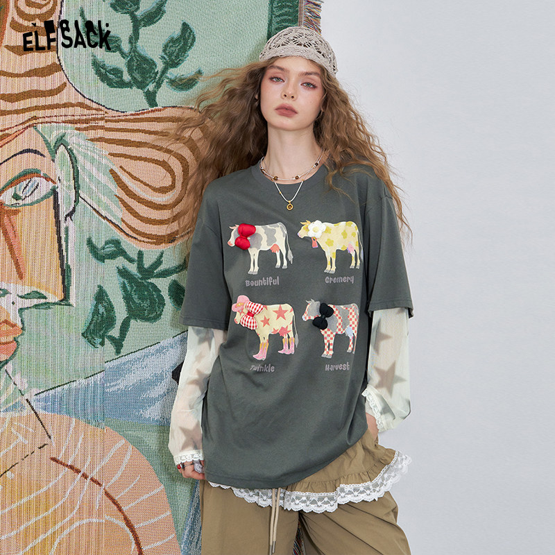 妖精的口袋灰色网纱拼接印花长袖t恤女2025年夏季新款设计感上衣