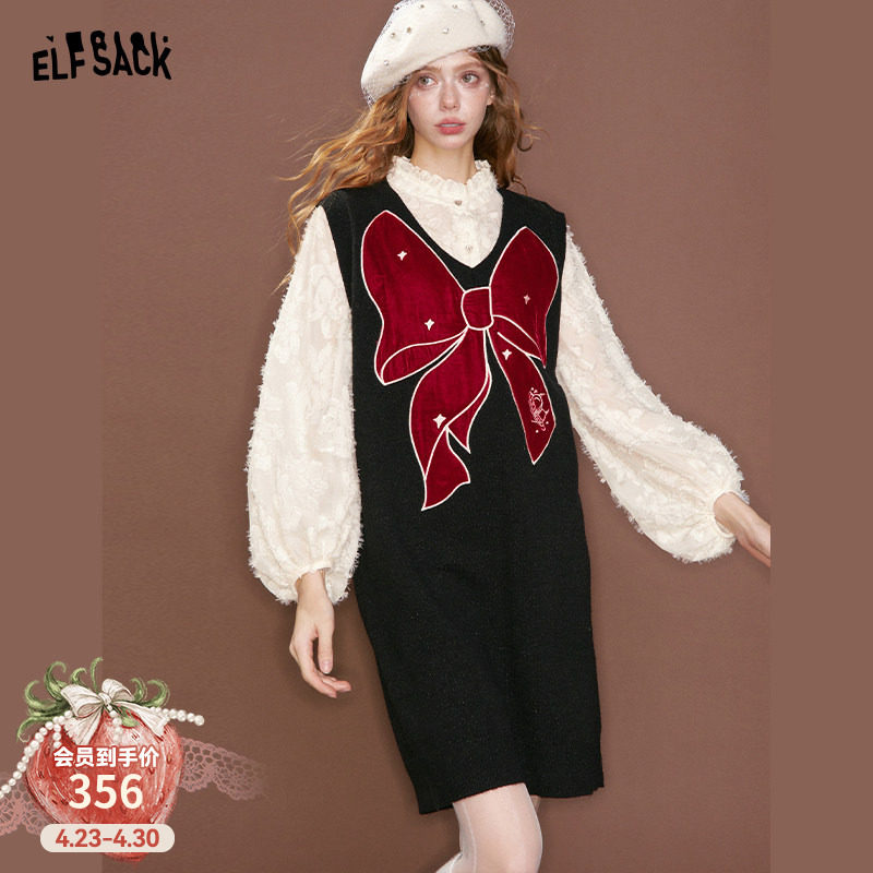 妖精的口袋丝绒蝴蝶结雪纺拼接连衣裙女2026年春秋新款甜美假两件