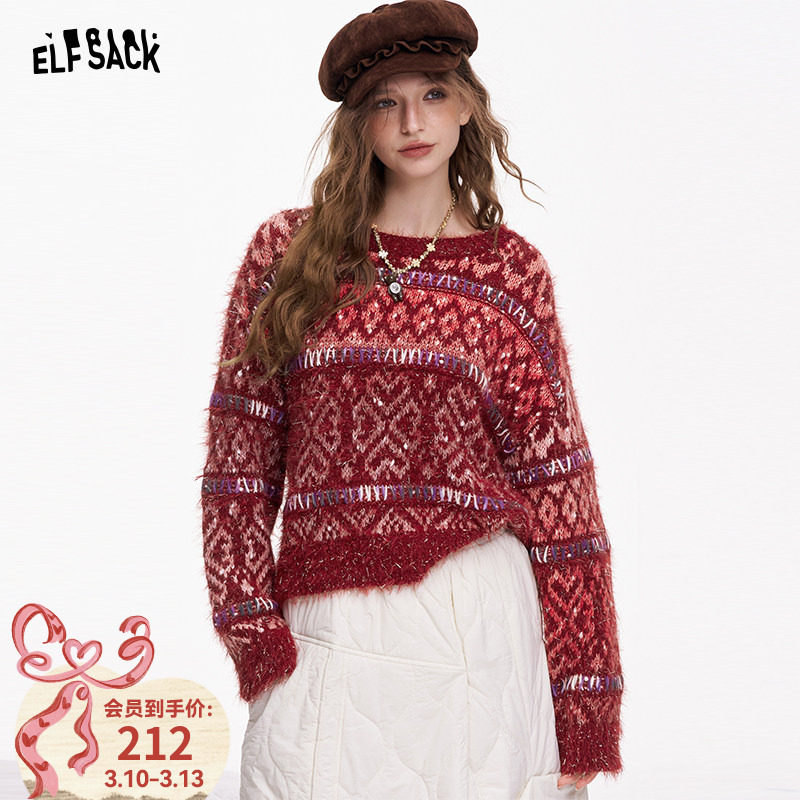 妖精的口袋亮丝费尔岛提花红色毛衣女2026年冬季新款复古显瘦上衣