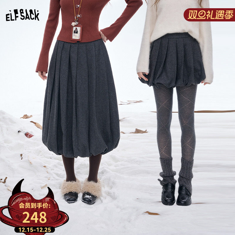 妖精的口袋绵羊毛灰色毛呢半身裙女2025年冬季新款甜美百褶裙短裙