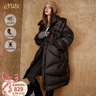 妖精的口袋黑色中长款连帽羽绒服女2026年冬季新款保暖加厚外套
