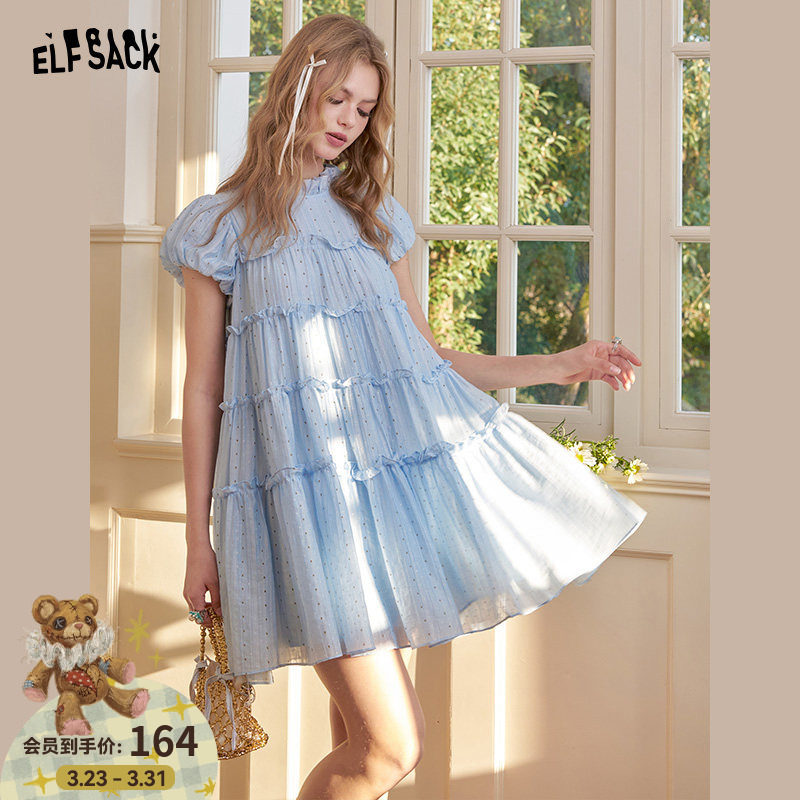 妖精的口袋法式泡泡袖连衣裙女2026年春夏新款甜美公主风蛋糕裙子