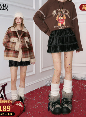 妖精的口袋黑色复古丝绒蕾丝半身裙女2025冬新款小个子蛋糕裙短裙