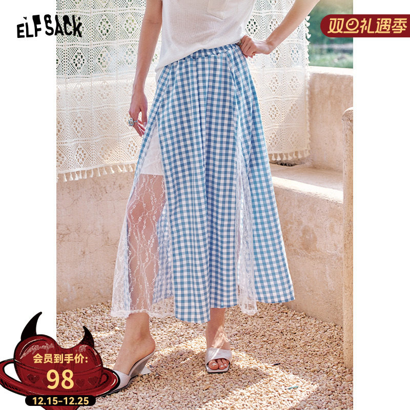 妖精的口袋蕾丝拼接格纹半身裙女2025年夏季新款甜美高腰显瘦长裙