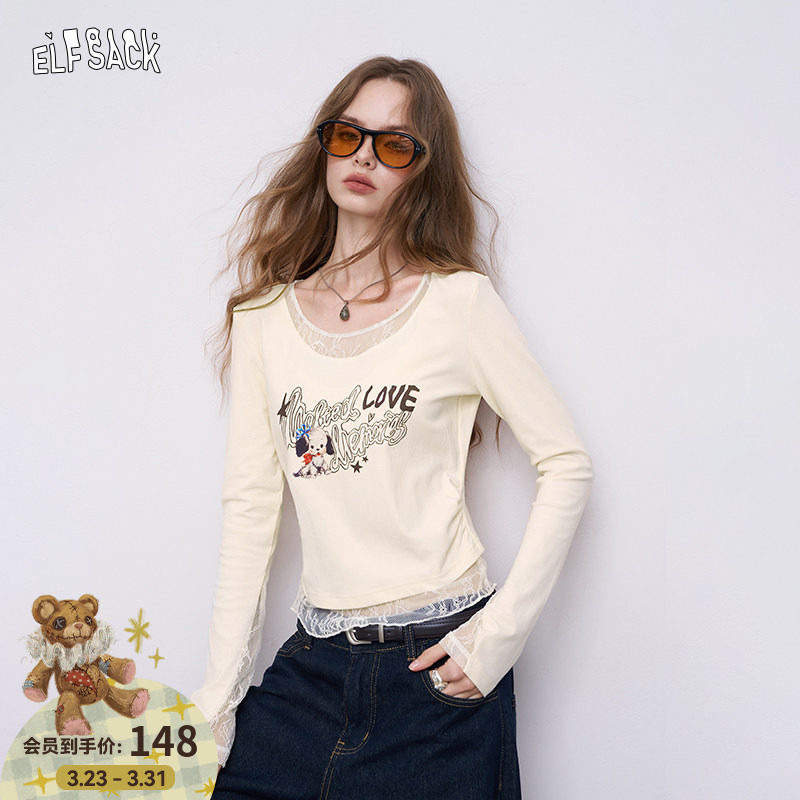 妖精的口袋白色蕾丝拼接印花长袖t恤女2026早春新款修身薄款上衣