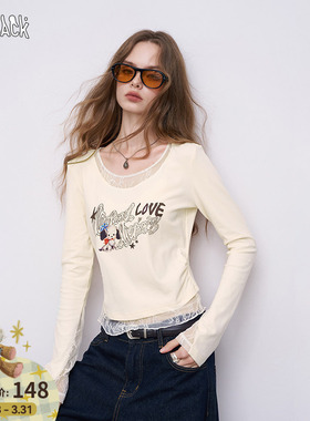 妖精的口袋白色蕾丝拼接印花长袖t恤女2026早春新款修身薄款上衣