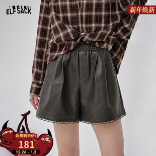 百搭小个子休闲裤 妖精 新款 女2025冬季 口袋复古高腰黑色pu皮短裤