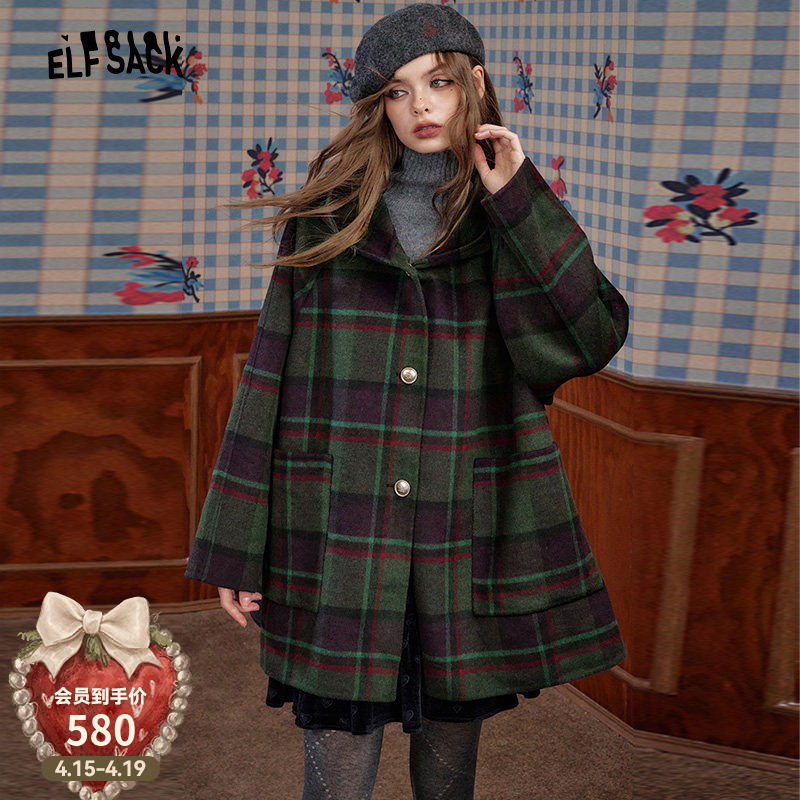 妖精的口袋复古格纹连帽毛呢外套女2025年冬季新款英伦风呢子大衣