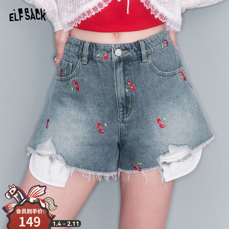 妖精的口袋樱桃刺绣不规则毛边牛仔裤女2025年夏季新款热裤短裤子