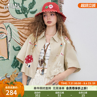 口袋原创印花短款 女2025年夏季 妖精 衬衫 休闲上衣 新款 可拆卸长袖