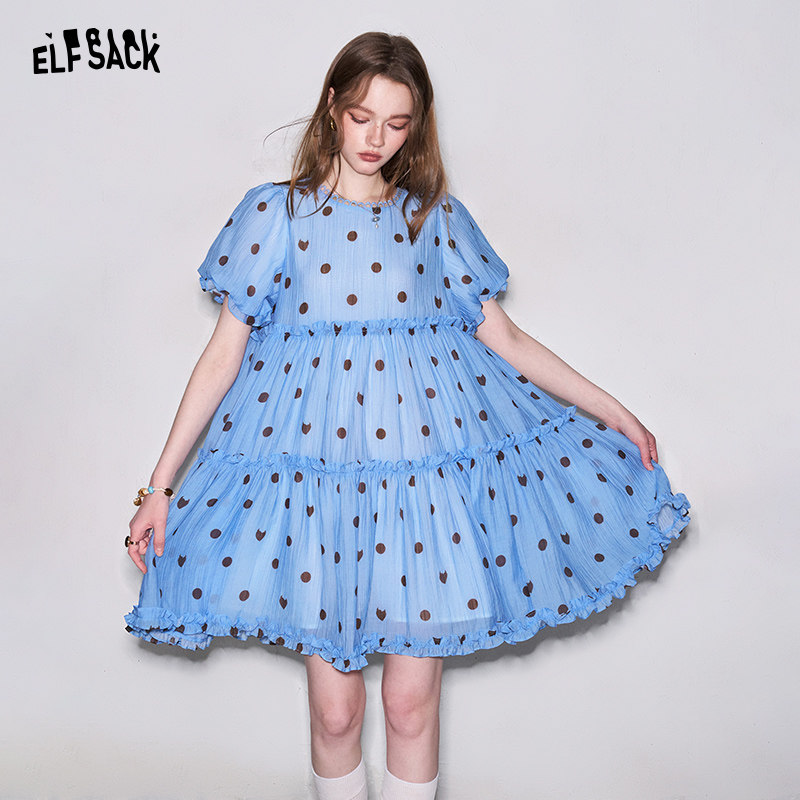 妖精的口袋波点褶皱肌理泡泡袖连衣裙女2026夏季新款甜美公主裙子