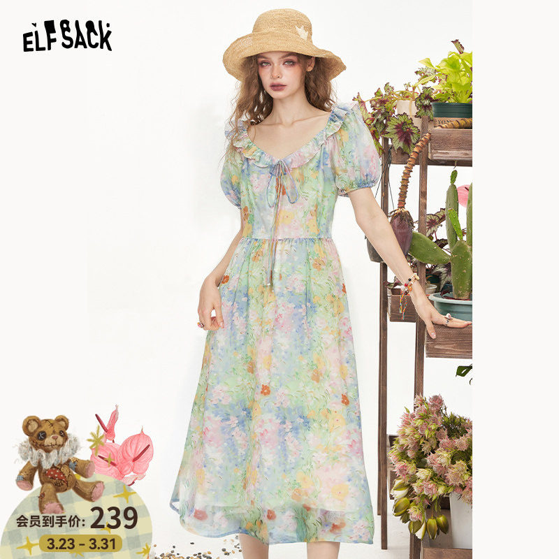 妖精的口袋油画碎花泡泡袖连衣裙女2026年夏季新款掐腰气质长裙子