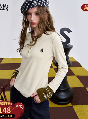 妖精的口袋撞色拼接字母印花长袖t恤女2025年秋冬新款内搭打底衫