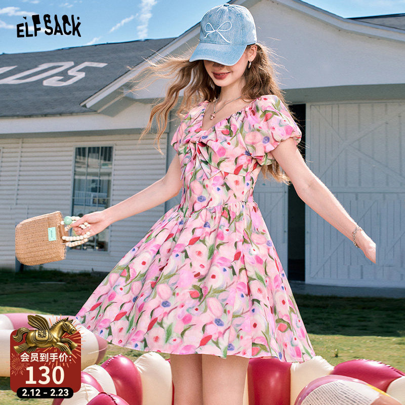 妖精的口袋法式v领碎花连衣裙女2025夏新款收腰显瘦气质公主裙子