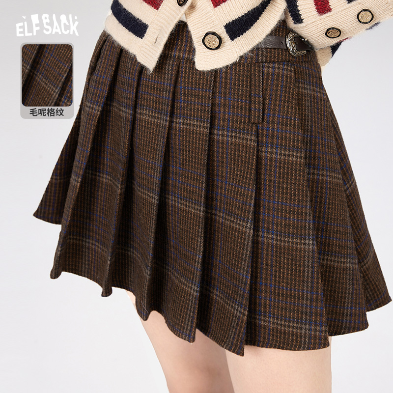 妖精的口袋美拉德格子百褶裙女2023冬季新款高腰显瘦a字格纹半裙
