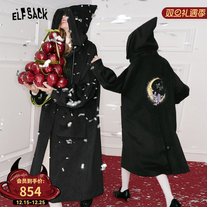 妖精的口袋【含绵羊毛】黑色中长款毛呢外套女2025冬新款呢子大衣