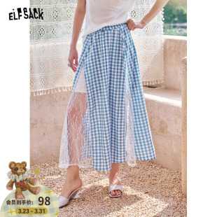 甜美高腰显瘦长裙 新款 妖精 口袋蕾丝拼接格纹半身裙女2026年夏季