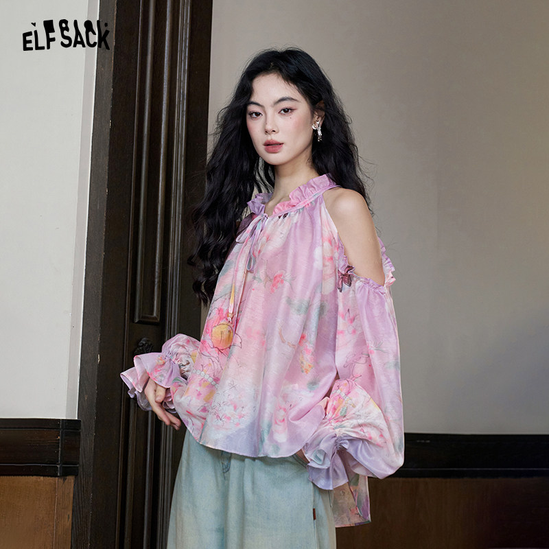 妖精的口袋木耳边露肩满印雪纺衫女2026夏新款设计感度假出游穿搭