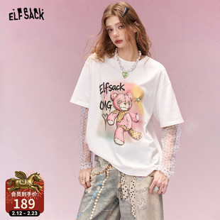 妖精的口袋假两件蕾丝拼接印花长袖t恤女2026年早春新款宽松上衣