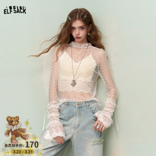 女2026早春新款 波点荷叶边蕾丝衫 叠穿内搭纯欲上衣 口袋法式 妖精