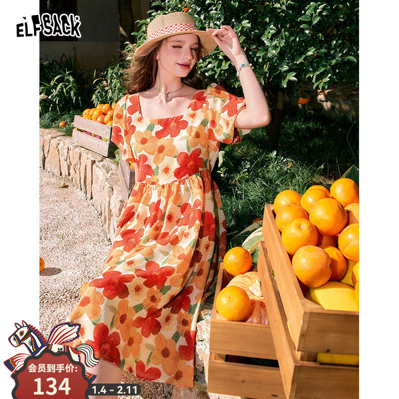 妖精的口袋法式方领碎花连衣裙女2025年夏新款泡泡袖收腰度假裙子