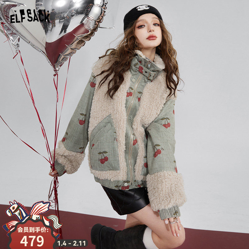 妖精的口袋格纹拼接麂皮绒外套女2025年冬新款仿毛绒毛呢新年穿搭