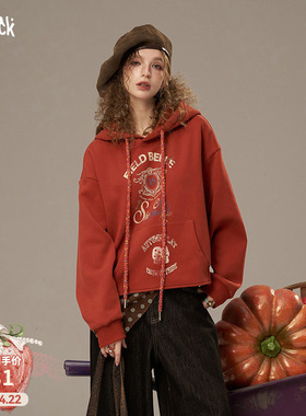 妖精的口袋复古红色印花连帽卫衣女2026春秋新款加绒休闲宽松上衣