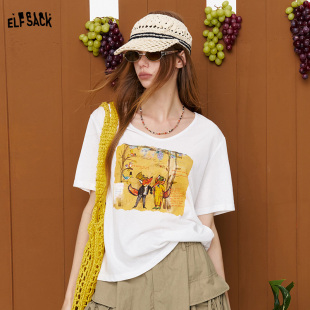 妖精的口袋白色印花短袖t恤女2026年夏季新款宽松休闲慵懒风上衣