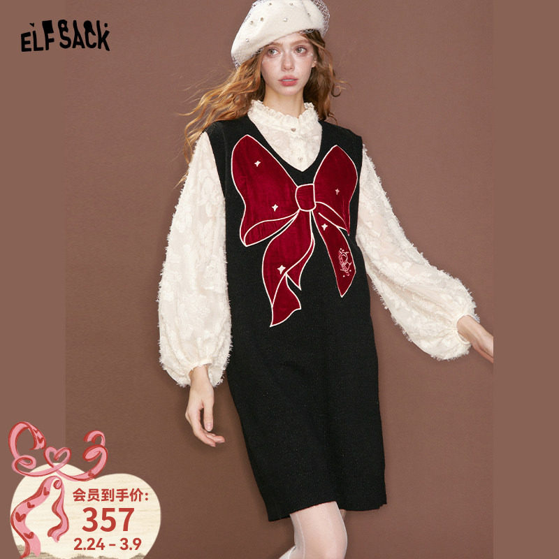 妖精的口袋丝绒蝴蝶结雪纺拼接连衣裙女2026年春秋新款甜美假两件