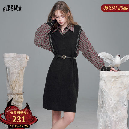 妖精的口袋假两件衬衫拼接针织连衣裙女2025年秋冬新款miu系长裙