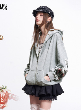 妖精的口袋复古海报印花灰色连帽卫衣外套女2026春夏新款宽松上衣