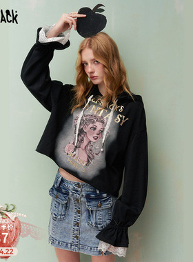 妖精的口袋黑色蕾丝拼接印花连帽卫衣女2026年早春新款小个子上衣