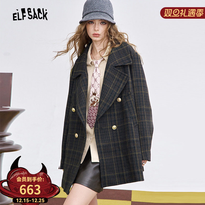 妖精的口袋复古格纹大翻领毛呢外套女2025年冬季新款双排扣呢大衣