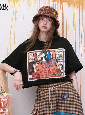 妖精的口袋美式复古黑色印花短袖t恤女2026年夏新款宽松短款上衣