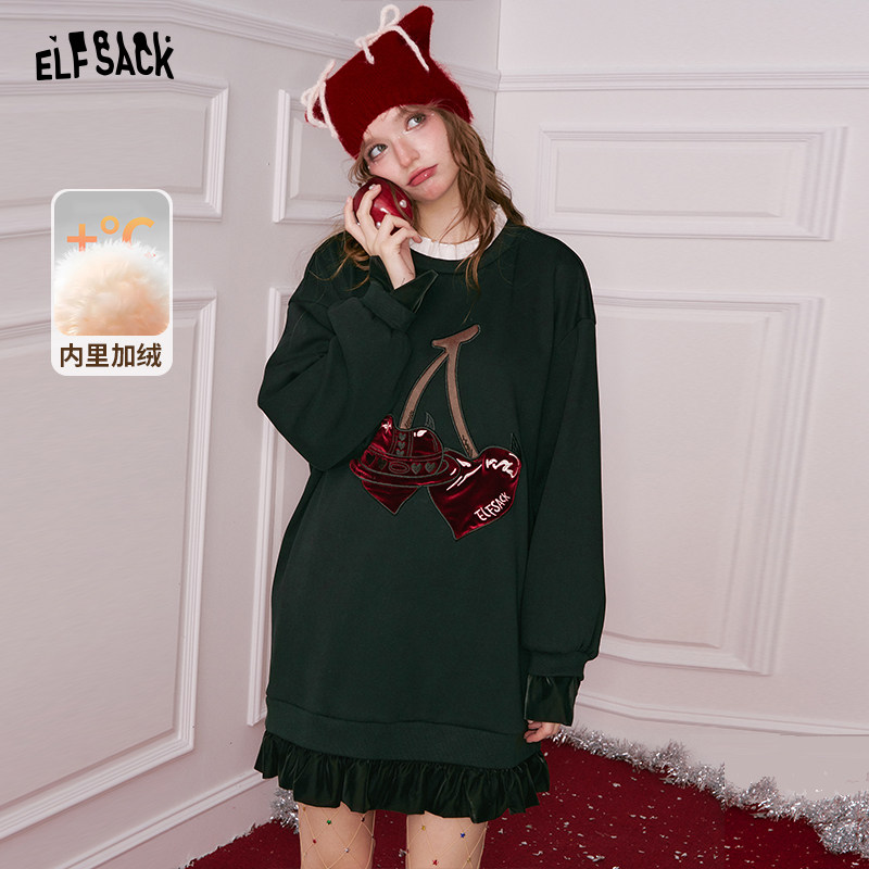 妖精的口袋樱桃假两件宽松连衣裙女2025年冬季新款甜美新年小黑裙