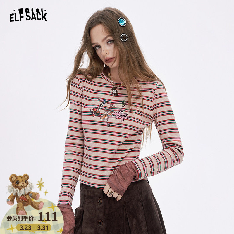 妖精的口袋趣味印花长袖t恤女2026年春秋新款内搭打底衫修身上衣